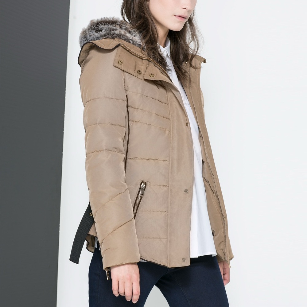 Zara Women's Brown Puffer Jacket with Fur Hood
